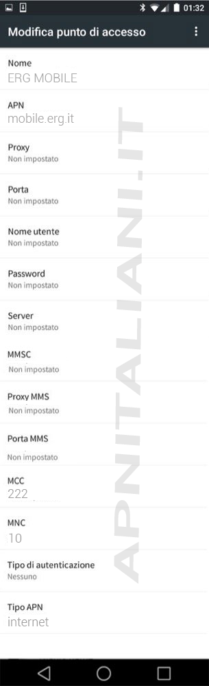 configurazione ERG Mobile Android (default)