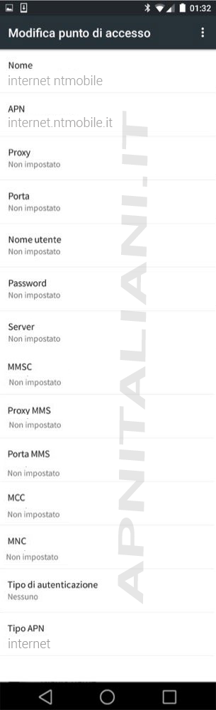 configurazione NTMobile Android (default)