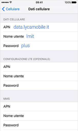 configurazione APN Lycamobile Apple iPhone XS